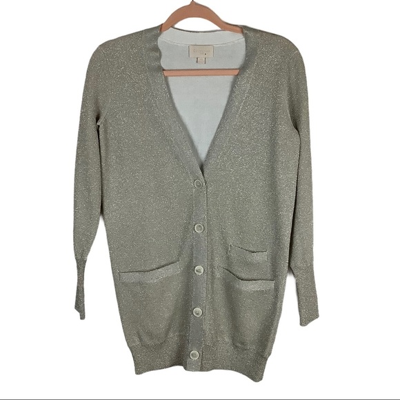 J. Crew Collection cardigan long silver XXS pocket front pockets double sparkly - Picture 1 of 6